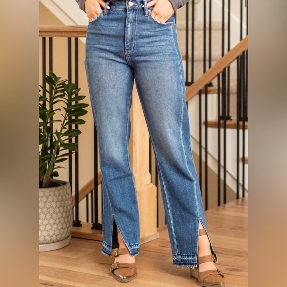 KANCAN Vintage Style 90’s Blue Front Split Hem Straight Cotton Jeans Size 24